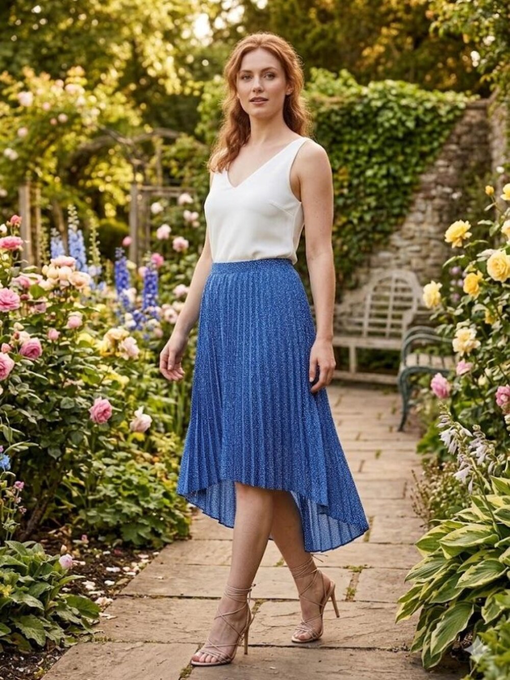 Michael Kors Urban Blue & White Pleated Hi/Low Skirt ( MEDIUM ) NWT $90